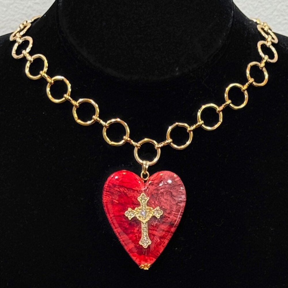 Links chain Gold Plated  whit large heart and gold plated cross, Handmade in USA